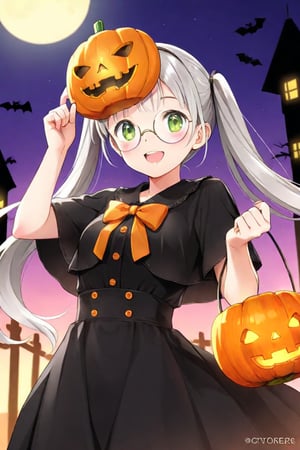 A cute girl ,(gray hair), green eyes, long hair, ( pigtails:1.2), (black round frame glasses:1.2), wearing a pumpkin mask on her head, Halloween costume, celebrating Halloween on the street at night, pumpkin lantern, cute face, smiling, moon, anime style