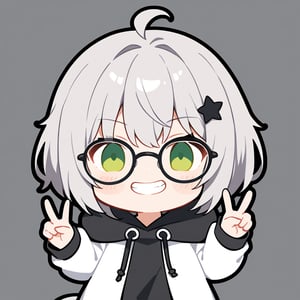 1girl, (gray hair), green eyes, short hair, (Bob Hair), ahoge, (pony tail:1.2), (black round frame glasses:1.2), (black star hairpin), hooded cloak, Hood Down, long sleeve shirt top,
Short skirt, boots, , solo, (chibi, head only), blush, (close-up portrait), (grin), (double v), Upper Body, (Focus on face), simple background,