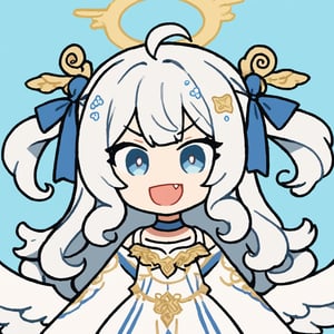 masterpiece, made by a master, 4k, perfect anatomy, perfect details, best quality, high quality, lots of detail.
1girl, angel, (white hair), long curly hair, (two side up), blue eyes,  (curly hair:1.2), (wavy hair), (hair curls), (bangs), (two side up), two (blue) hair ties on head, (Double golden halo on her head), choker, (angel wings), ahoge, White dress with blue trim, single, looking at camera, smiling, fang, happy, slightly angry, chibi, Emote Chibi.
simple background, Line,cute comic,simple background, flat color,no lineart,rubber_hose_character