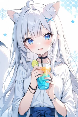 Masterpiece, 1 cute girl,1girl, stoat girl, solo,  ((white hair)), very long hair, blue eyes, (straight hair), (bangs), animal ears, (stoat ears:1.2),
 Choker, ahoge, yaeba, (big white stoat Tail:1.2), (blue X hairpin), solo, looking at viewer, long hair, bangs, smiling, simple background, heart \(symbol\), star (symbol\),  shirt,  holding with both hands, blue eyes, white shirt, upper body,  open lips, bracelet, cup, ring, cup held in hand, Japanese pattern background, cup, ice, straw, drink, glass, ice,ink paint