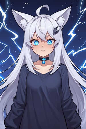 Front view, (score 9, score 8 up, score_7_up, source anime, (masterpiece), best quality, expressive eyes, perfect face, (masterpiece), best quality, expressive eyes, perfect face, at night, 1girl, stoat girl, solo,  ((white hair)), very long hair, blue eyes, (straight hair), (bangs), animal ears, (stoat ears:1.2),
 Choker, ahoge, yaeba, (big white stoat Tail:1.2), (blue X hairpin),, standing, eerily intense, if looks could kill, lightning arcing from her, powerful, on a roof top night time, electricity aura, tears, eyes glowing, taking an action stance, ready to fight