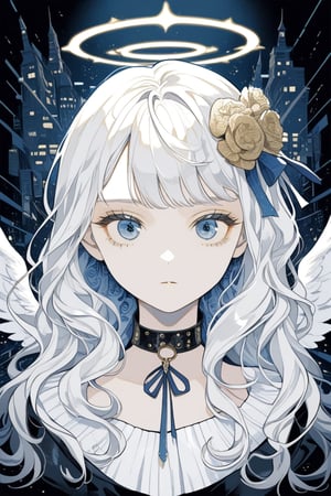 portrait of cute detecive in the noir city, 1girl, angel, white hair, long curly hair, (two side up), blue eyes, two blue ribbons on her hair, (Double golden halo on her head), choker, angel wings, detailed illustration portrait, incredible details, disney stylized cute, dark cyberpunk illustration