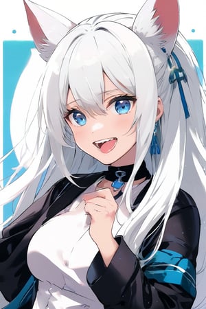 1girl, stoat girl, solo,  ((white hair)), very long hair, blue eyes, (straight hair), (bangs), animal ears, (stoat ears:1.2),
 Choker, ahoge, fangs, (big stoat Tail:1.2), (blue X hairpin), (White collared sleeveless top, (midriff), blue chest bow), 
(black hooded oversized jacket:1.2), (jacket zipper half unzipped), (black short pants) (Off the shoulders), anime, eating,Anime Style.