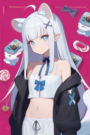 animal ear fluff, animal ears, 1girl, solo,  ((white hair)), very long hair, blue eyes, (straight hair), (bangs), animal ears, (stoat ears:1.2), Choker, ahoge, fangs, (big stoat Tail:1.2), (blue X hairpin), (White sleeveless collared dress, (midriff), blue chest bow), (black hooded oversized jacket:1.2), (jacket zipper half unzipped), (Off the shoulders), candy, food print, highres, holding, multiple girls, multiple tails,,tail,girl ,anime ,cr33p