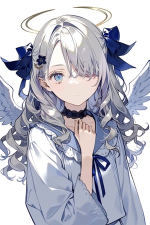 masterpiece, best quality, aesthetic,1girl, angel, white hair, long curly hair, two side up,blue eyes, two blue ribbons on her hair, (Double golden halo on her head), choker, angel wings,hair over one eye,samurai,sakura