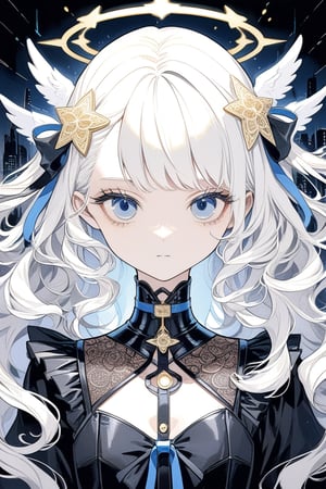 portrait of cute detecive in the noir city, 1girl, angel, white hair, long curly hair, two side up,blue eyes, two blue ribbons on her hair, (Double golden halo on her head), choker, angel wings, detailed illustration portrait, incredible details, disney stylized cute, dark cyberpunk illustration