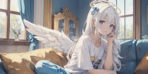  (Best Picture Quality, High Quality, Best Picture Score: 1.3), , Perfect Beauty Score: 1.5, long hair, 1girl, solo, angel, ((white hair)), (long curly hair), blue eyes, ((two blue ribbons on her hair)), (Double golden halo on her head), (angel wings), (cute outfit), Wearing a T-shirt and pajamas trousers, Squatting on the sofa, sad expression, beautiful, cute, masterpiece, best quality,