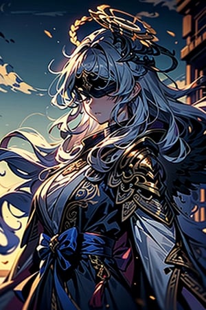EpicGhost, (Anime style, Guvez style, 1girl, angel, with sliver long curly hair, blue eyes, two blue ribbons on her hair, (Double golden halo on her head), angel wings, flowing white robe, blindfolded, handsome art painting, beautiful character painting, Shi Tao)