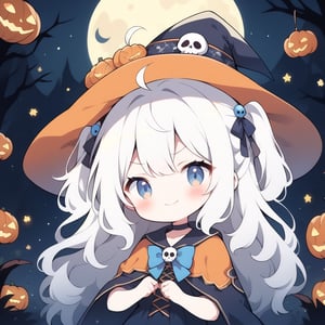 1girl, solo, angel, white hair, long curly hair, (two side up), blue eyes, two blue bows on head, choker, ahoge, (Witch hat), (Witch cloak), Witch dress, (cute pose), cobweb, (skull), pumpkin lantern, moon, blush, (In the forest at night), (eyes highlight), standing, ((upper body)), very beautiful girl, crazy smiling, slightly angry, himecut hairstyle, solo, (chibi), (Focus on face), chibi style,((Chibi character))