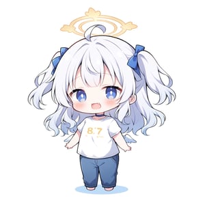 score_9,score_8_up,score_7_up, chibi, chibi style, 1girl, angel, ((white hair)), long curly hair, (two side up), blue eyes,  (curly hair:1.2), (wavy hair), (hair curls)
, (bangs), (two side up), two blue hair ties on head, (Double golden halo on her head), choker, angel wings, ahoge, fang, (=_=:1.3), (white T-shirt, pants), looking at viewer,blush,simple background,standing,full body,comic book