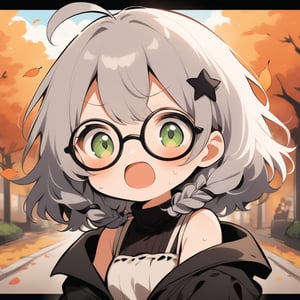 1girl, (gray hair), green eyes, medium hair, (double braid), ahoge, (black round frame glasses:1.2), (black star hairpin), (autumn clothing), (Dark coat), Sleeveless top, Short skirt, Off-shoulder, (happy), Emotionally excited, (On the streets in autumn), (eyes highlight), standing, ((upper body)), very beautiful girl, eyes wide open, Open mouth wide, sweat, slightly angry, himecut hairstyle, solo, (chibi), (Focus on face),((Chibi character))