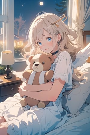 1girl, angel, white hair, long curly hair, (two side up),blue eyes, two blue ribbons on her hair, (Double golden halo on her head), choker, (angel wings), cuddling a teddy bear while peacefully asleep, her soft white curls falling gently on her pillow, a serene smile on her face, the teddy bear held tightly in her arms, a faint moonlight shining through the window, casting a gentle glow on their faces, a room adorned with delicate lace curtains, a vintage wooden rocking horse in the corner, and a stack of storybooks on the nightstand, captured in a dreamy and magical illustration style.