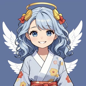 (chibi:1.3), masterpiece, made by a master, 4k, perfect anatomy, perfect details, best quality, high quality, lots of detail.
(solo), 1girl, angel, white hair, long curly hair, (two side up), blue eyes, (curly hair:1.2), (wavy hair), (hair curls), (bangs), (two side up), two blue hair ties on head, (Double golden halo on her head), bowtie choker, angel wings, ahoge, fang, (cute yukata, colorful yukata), smiling, single, (((>_<:1.4))), (upper body) ,Emote Chibi. cute comic,simple background, flat color, Cute girl,dal,Chibi Style,lineart,comic book,