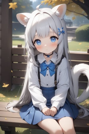 1girl, stoat girl, solo,  ((white hair)), very long hair, blue eyes, (straight hair), (bangs), animal ears, (stoat ears:1.2),
 Choker, ahoge, yaeba, (big white stoat Tail:1.2), (blue X hairpin), An animated animated girl with blue eyes is sitting on a wooden bench. She is wearing a short blue skirt with a white shirt and a blue bow tie. There is a small white cup of coffee on the bench in front of her. Behind her is a green lawn with small white flowers on it. A tree with yellow leaves is on the left side of the bench. Behind the tree is a wooden door with a black handle. Blurry background, detailed image, detailed skin, stunning image, 8k, proffesional style, luxurious room in background, ((masterpiece: 1.2)), light particles. Masterpiece, stunning image, professional style