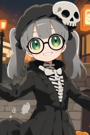 A cute girl ,(gray hair), green eyes, short hair, (cute pigtails:1.2), (black round frame glasses:1.2), wearing a skull mask on her head, (skeleton suit:1.3), celebrating Halloween on the street at night, pumpkin lantern, cute face, smiling, moon, anime style