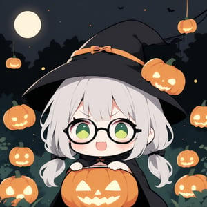 1girl, solo, (gray hair), green eyes, ahoge, (low-pigtail hairs:1.2), (black round frame glasses:1.2), (Witch hat), (Witch cloak), Witch dress, (cute pose), cobweb, (skull), pumpkin lantern, moon, blush, (In the forest at night), (eyes highlight), standing, ((upper body)), very beautiful girl, crazy smiling, slightly angry, himecut hairstyle, solo, (chibi), (Focus on face), chibi style