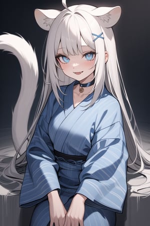  {{{masterpiece}}}, {{{best quality}}}, {{ultra-detailed}}, {beautiful detailed eyes},1girl, stoat girl, solo,  ((white hair)), very long hair, blue eyes, (straight hair), (bangs), animal ears, (stoat ears:1.2), Choker, ahoge, fangs, (big stoat Tail:1.2), (blue X hairpin), (cute yukata, colorful yukata), smiling, Beautiful eyes,