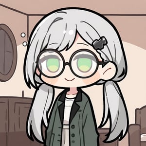 1girl, (gray hair), green eyes, long hair, ( pigtails:1.2), (black round frame glasses:1.2), (black star hairpin), (casual wear), collarbone, (Knight Coat), cotton pants, (happy), (in room), indoor, (eyes highlight), standing, ((upper body)), very beautiful girl, Sleepy eyes, closed mouth, :), himecut hairstyle, solo, (chibi), (Focus on face),((Chibi character)), chibi style