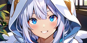 ((masterpiece, best quality, highres:1.2)), perfect face, more detail XL, Kyoto animation style, depth of field, 1girl, solo, angel, white hair, long curly hair, blue eyes, two blue ribbons on her hair, (Double golden halo on her head), angel wings, breasts, looking at viewer, smile, bangs, long sleeves, upper body, teeth, indoors, hood, cosplay, hoodie, plant, hood up,