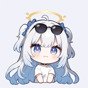 (chibi style), {{{masterpiece}}}, {{{best quality}}}, {{ultra-detailed}}, {beautiful detailed eyes}. 1girl, angel, white hair, long curly hair, (two side up), blue eyes,  (curly hair:1.2), (wavy hair), (hair curls), (bangs), (two side up), two blue hair ties on head, (Double golden halo on her head), choker, angel wings, ahoge, fang, (white T-shirt) (rapping), (black sunglasses), mic, upper body,chibi emote style,chibi,emote, cute,Emote Chibi,anime,cute comic,