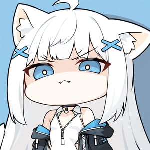(chibi style), {{{masterpiece}}}, {{{best quality}}}, {{ultra-detailed}}, {beautiful detailed eyes},1girl, solo,  ((white hair)), very long hair, blue eyes, (straight hair), (bangs), animal ears, (stoat ears:1.2),
 Choker, ahoge, fangs, (big stoat Tail:1.2), (blue X hairpin), (White sleeveless collared dress, (midriff), blue chest bow), 
(black hooded oversized jacket:1.2), (jacket zipper half unzipped), (Off the shoulders), solo, small breasts, ((light white hair)), very long hair, (straight hair), (bangs), animal ears, (stoat ears:1.2), Choker, ahoge, fangs, (big fox Tail:1.2), (black hooded oversized jacket:1.2), (Off the shoulders), ((shadow face:1.2)), (angry eyes), (closed mouth), upper body,chibi emote style,chibi,emote, cute, looking with disgust,cutechibiprofile