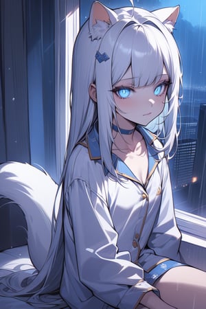 detailed, (masterpiece), very_aesthetic, absurdres, pale_skin, solo, 1girl, stoat girl, solo,  ((white hair)), very long hair, blue eyes, (straight hair), (bangs), animal ears, (stoat ears:1.2),
 Choker, ahoge, yaeba, (big white stoat Tail:1.2), (blue X hairpin), glowing_eyes, upper_body, long_hair, night, indoors, pajamas, long_sleeves, sitting, closed_mouth, window, rain, cityscape, collared_shirt, skirt, night_sky, collarbone, building