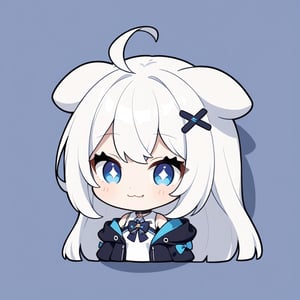 (chibi style), {{{masterpiece}}}, {{{best quality}}}, {{ultra-detailed}}, {beautiful detailed eyes},1girl, solo,  ((white hair)), very long hair, blue eyes, (straight hair), (bangs), animal ears, (stoat ears:1.2), Choker, ahoge, fangs, (big stoat Tail:1.2), (X hairpin), (White sleeveless collared dress, (Two-piece dress), (blue chest bow)), (black hooded oversized jacket:1.2), (Off the shoulders), ((shadow face:1.2)), smiling, upper body,chibi emote style,chibi,emote, cute,Emote Chibi,anime,