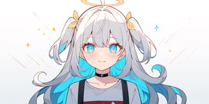 MASTERPIECE, SUPER DETAIL, HYPER DETAIL, INTRICATE_DETAILS, LIGNE_CLAIRE, PERFECTEYES, ABSURDRES, 
1girl, angel, ((white hair)), long curly hair, (two side up), blue eyes,  (curly hair:1.2), (wavy hair), (hair curls)
, (bangs), (two side up), two blue hair ties on head, (Double golden halo on her head), choker, angel wings, ahoge, fang, cute, happy, (white T-shirt, pants), looking at viewer,blush,star background,standing,full body,