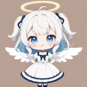 cute, kawaii, chibi, 1girl, (angel), ((white hair)), long curly hair, (two side up), blue eyes,  (curly hair:1.2), (wavy hair), (hair curls), (bangs), (two side up), two blue hair ties on head, (Double golden halo on her head), choker, ((angel wings)), ahoge, fang, White dress with blue lace trim, anime style, cute pose,chibi,simple background, flat color,dal,chibi style,Chibi Style,Anime ,