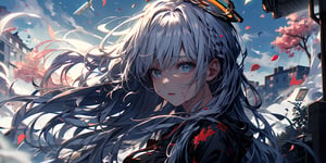 full body,Blood Mist, background_Urban rooftop,1girl, angel, with sliver long curly hair, blue eyes, two blue ribbons on her hair, (Double golden halo on her head), angel wings, despair,blood sakura,((masterpiece)), (((best quality))), ((ultra-detailed)), ((illustration)), ((disheveled hair)),Blood Cherry Blossom,torn clothes,tearing with eyes open,solo,Blood Rain,bandages,Gunpowder smoke,beautiful deatailed shadow, Splashing blood,dust,tyndall effect,portrait