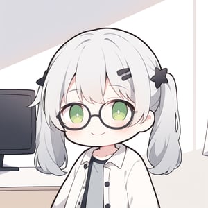 1girl, (gray hair), green eyes, long hair, ( pigtails:1.2), (black round frame glasses:1.2), (black star hairpin), (casual wear), collarbone, (Knight Coat), cotton pants, (happy), (in room), indoor, (eyes highlight), standing, ((upper body)), very beautiful girl, Sleepy eyes, closed mouth, :), himecut hairstyle, solo, (chibi), (Focus on face),((Chibi character)), chibi style