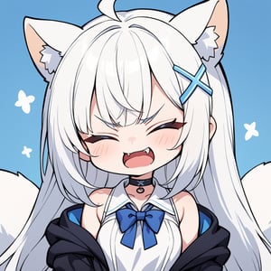 {{{masterpiece}}}, {{{best quality}}}, {{ultra-detailed}}, {beautiful detailed eyes},1girl, solo,  ((white hair)), very long hair, blue eyes, (straight hair), (bangs), animal ears, (stoat ears:1.2), Choker, ahoge, fangs, (big stoat Tail:1.2), (X hairpin), (White sleeveless collared dress, blue chest bow), (black hooded oversized jacket:1.2), (Off the shoulders), ((closed eyes)), angry, upper body,chibi emote style,chibi,emote,