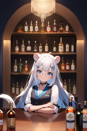 (extremely detailed fine touch:1.3), (from front shoot:1.3), upper body, 1girl, stoat girl, solo,  ((white hair)), very long hair, blue eyes, (straight hair), (bangs), animal ears, (stoat ears:1.2), Choker, ahoge, yaeba, (big white stoat Tail:1.2), (blue X hairpin), solo, alone, 2.5d, light smile, (((silver semi-rimless round eyewear:1.3))), bar, liquor bottle, bartender, Beautiful and detailed blue eyes and face, real skin glitter, pretty girl, bartender vest, rollup sleeve, neatly arranged liquor bottle, luxury label, atmospheric lighting, dark color palette,
