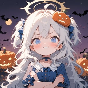 1girl, angel, white hair, long curly hair, (two side up), blue eyes, two blue bows on head, (Double golden halo on her head), choker, angel wings on back, ahoge, , (vampire style dress), (Arms Crossed), bats, cobweb, pumpkin lantern, moon, blush, (simple halloween background), (eyes highlight), standing, ((upper body)), very beautiful girl, smiling, slightly angry, himecut hairstyle, solo, (chibi), (Focus on face),((Chibi character))