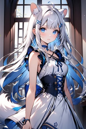 1girl, stoat girl, solo,  ((white hair)), very long hair, blue eyes, (straight hair), (bangs), animal ears, (stoat ears:1.2),
 Choker, ahoge, yaeba, (big white stoat Tail:1.2), (blue X hairpin), solo, long hair, breasts, looking at viewer, bangs, hair ornament, no sleeves, dress, ribbon, medium breasts, closed mouth, frills, parted lips, hairclip, indoors, white dress, blue ribbon, neck blue ribbon, floating hair, corset