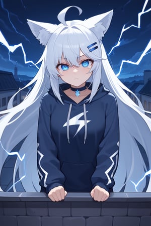 Front view, (score 9, score 8 up, score_7_up, source anime, (masterpiece), best quality, expressive eyes, perfect face, (masterpiece), best quality, expressive eyes, perfect face, at night, 1girl, stoat girl, solo,  ((white hair)), very long hair, blue eyes, (straight hair), (bangs), animal ears, (stoat ears:1.2),
 Choker, ahoge, yaeba, (big white stoat Tail:1.2), (blue X hairpin),, standing, eerily intense, if looks could kill, lightning arcing from her, powerful, on a roof top night time, electricity aura, tears, eyes glowing, taking an action stance, ready to fight