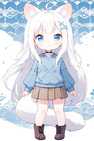 Simple background, Japanese pattern background, A chibi girl, 1girl, stoat girl, solo,  ((white hair)), very long hair, blue eyes, (straight hair), (bangs), animal ears, (stoat ears:1.2),
 Choker, ahoge, yaeba, (big white stoat Tail:1.2), (blue X hairpin), in a wool sweater and corduroy skirt, leather boots, warming herself against a chilly breeze in Autumn