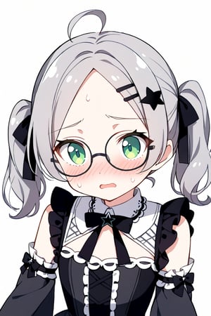  1girl, solo, (gray hair), green eyes, (short Twin ponytails:1.2),  (wavy hair), ahoge, (black round frame glasses:1.2), (black star hairpin), solo, blush, open mouth, Center parted bangs, forehead, lolita_fashion, middle chest, tiny body, cute gothic dress, upper body, sweat, embarrassed,