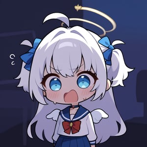 1girl, angel, white hair, long curly hair, (two side up), blue eyes, two blue bows on head, (Double golden halo on her head), choker, angel wings on back, ahoge,  (Sailor Suit), (student uniform), dark blue collar, (red bow tie), Dark blue pleated skirt, blush, (In a dark room), (eyes highlight), standing, ((upper body)), very beautiful girl, shock, surprise, eyes wide open, Open mouth wide, sweat, slightly angry, himecut hairstyle, solo, (chibi), (Focus on face),((Chibi character))