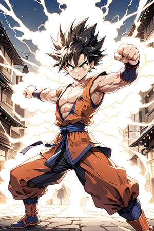 Super details, supersaiyan Goku, Japanese samurai costume, strong, muscle, with aura, Surrounded by electricity, fighting pose, Punch, in  street, anime style,facing the camera,son goku,gkudbz,dragon ball