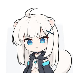 (chibi style), {{{masterpiece}}}, {{{best quality}}}, {{ultra-detailed}}, {beautiful detailed eyes},1girl, solo,  ((white hair)), very long hair, blue eyes, (straight hair), (bangs), animal ears, (stoat ears:1.2),
 Choker, ahoge, fangs, (big stoat Tail:1.2), (blue X hairpin), (White sleeveless collared dress, (midriff), blue chest bow), 
(black hooded oversized jacket:1.2), (jacket zipper half unzipped), (Off the shoulders), solo, small breasts, ((light white hair)), very long hair, ((shadow face:1.2)), (angry eyes), (closed mouth), upper body,chibi emote style,chibi,emote, cute, looking with disgust,cutechibiprofile,Line Chibi yellow