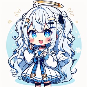 cute, kawaii, chibi, 1girl, angel, ((white hair)), long curly hair, (two side up), blue eyes,  (curly hair:1.2), (wavy hair), (hair curls), (bangs), (two side up), two blue hair ties on head, (Double golden halo on her head), choker, angel wings, ahoge, fang, White dress with blue lace trim, anime style, cute pose,