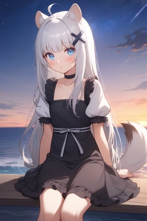 1girl, stoat girl, solo,  ((white hair)), very long hair, blue eyes, (straight hair), (bangs), animal ears, (stoat ears:1.2),
 Choker, ahoge, yaeba, (big white stoat Tail:1.2), (blue X hairpin),  solo, long hair, looking at viewer, blush, bangs, brown hair, hair ornament, dress, sitting, closed mouth, short sleeves, outdoors, sky, puffy sleeves, cloud, wide sleeves, water, black dress, puffy short sleeves, lips, black ribbon, ocean, star \(sky\), sunset, horizon,Detail