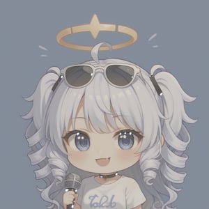 (chibi style), {{{masterpiece}}}, {{{best quality}}}, {{ultra-detailed}}, {beautiful detailed eyes}. 1girl, angel, white hair, long curly hair, (two side up), blue eyes,  (curly hair:1.2), (wavy hair), (hair curls), (bangs), (two side up), two blue hair ties on head, (Double golden halo on her head), choker, angel wings, ahoge, fang, (white T-shirt), (rapping), (black sunglasses), (microphone), upper body,chibi emote style,chibi,emote, cute,Emote Chibi,anime,