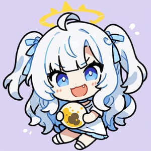 chibi, sd, masterpiece, made by a master, 4k, perfect anatomy, perfect details, best quality, high quality, lots of detail.
1girl, ((angel)), (white hair), long curly hair, (two side up), blue eyes,  (curly hair:1.2), (wavy hair), (hair curls), (bangs), (two side up), two ((blue)) hair ties on head, (Double golden halo on her head), choker, ((angel wings)), ahoge, t-shirt, short skirt, single, looking at camera, smiling, fang, happy, slightly angry, chibi, Emote Chibi. simple background, Line,cute comic,simple background, flat color,chibi,Cute girl,dal,Emote Chibi,chibi style
