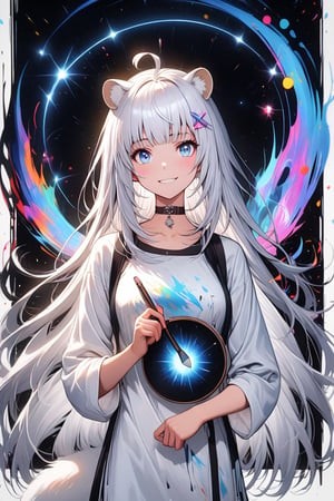 A very beautiful anime girl, 1girl, stoat girl, solo,  ((white hair)), very long hair, blue eyes, (straight hair), (bangs), animal ears, (stoat ears:1.2),
 Choker, ahoge, yaeba, (big white stoat Tail:1.2), (blue X hairpin),wearing a very casual outfit, white background, holding a big paintbrush, holding palette, the girl is drawing a line of ink in the air as if it were a canvas, front view, looking away, smiling, shining gaze, masterpiece quality, stunning image, colorful,ink paint,Ink art