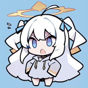  chibi, masterpiece, best quality,1girl, angel, (white hair), long curly hair, (two side up),blue eyes, (two blue ribbons on her hair), ((Double golden halo on her head)), choker, ((angel wings)), ahoge,surprised expression, open mouth,Wearing grey Hooded T-shirt, long sleeves,pleated skirt,masterpiece,simple background