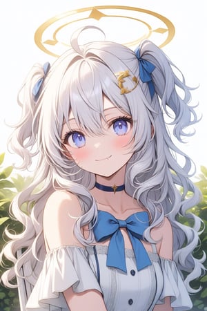 1girl, angel, ((white hair)), long curly hair, (two side up), blue eyes,  (curly hair:1.2), (wavy hair), (hair curls)
, (bangs), (two side up), two blue hair ties on head, (Double golden halo on her head), bowtie choker, angel wings, ahoge, fang,solo, looking at viewer, smile, simple background, White dress with blue trim, white background, hair between eyes, closed mouth, collarbone, upper body, female focus, sit on chair in garden 