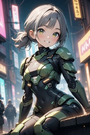 1girl, (gray hair), green eyes, (short hair), (Flat bangs), (short ponytail:1.2), (goggles:1.2), (wearing armored suit), (cyberpunk style), tight clothes, (happy), (outdoor), (eyes highlight), very beautiful girl, very cute face, (Medium chest), proud expression, :), sitting, cute pose, headtilt, masterpiece quality, masterpiece, 8K, stunning image, light particles, attractive image, reflections, Dutch Angle Shot,Beautiful eyes,