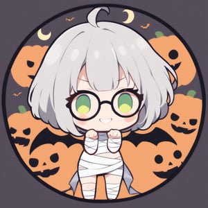 1girl, (gray hair), green eyes, ahoge, (striking bob cut and intense), (black round frame glasses:1.2), mummy dress up, Bandage outfit, Full body bandage, (claw pose), bats, cobweb, pumpkin lantern, moon, blush, (simple halloween background), (eyes highlight), standing, ((upper body)), very beautiful girl, smiling, happy, himecut hairstyle (eyes highlight), standing, solo, (chibi), (Focus on face), 